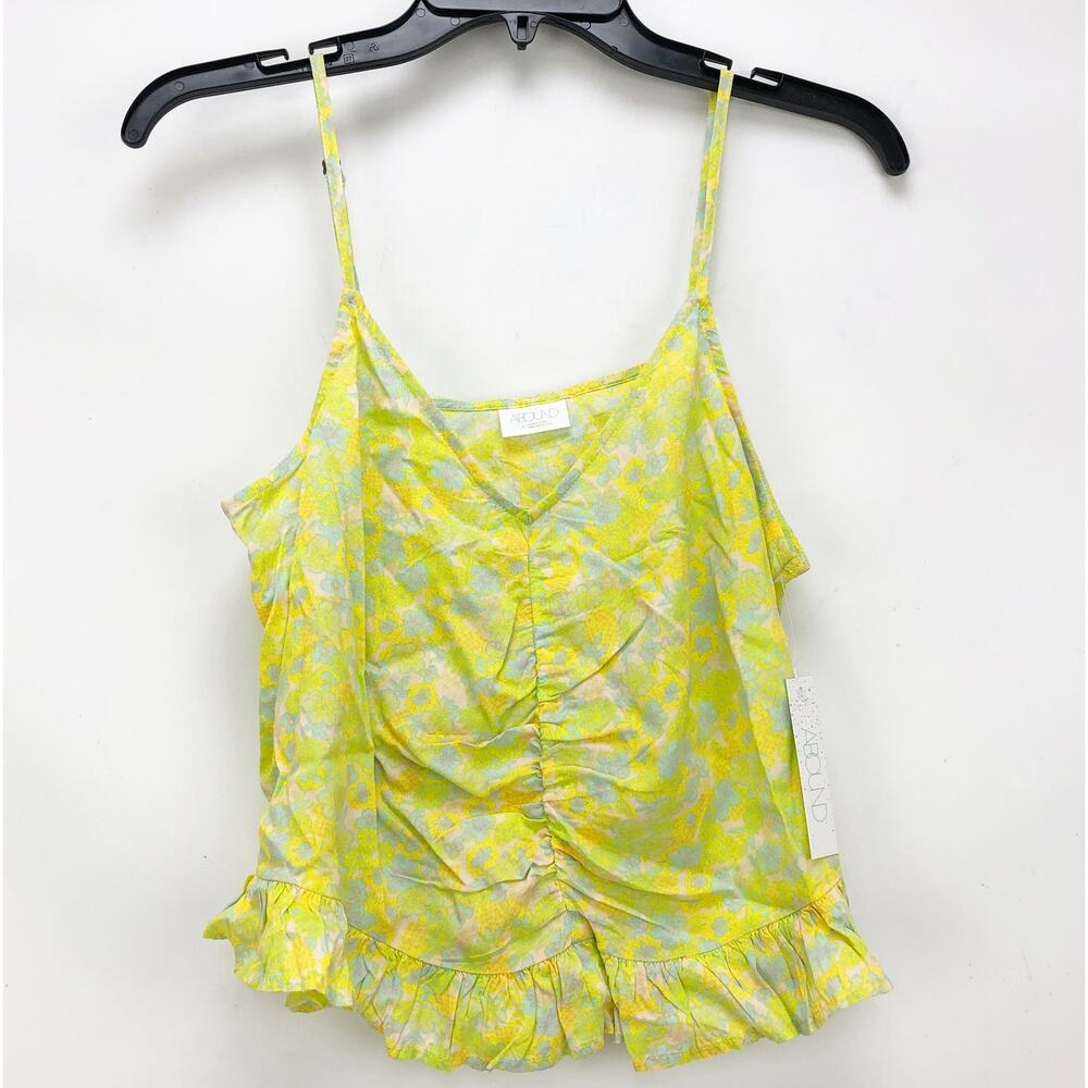 Abound Womens Tank Top Large Yellow Floral Ruffle Hem Ruched V Neck NWT